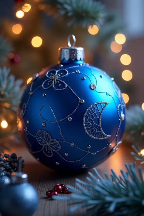 A royal blue Christmas sphere with a Christmas background with the name HERSYS 