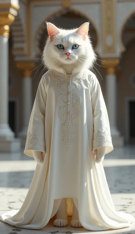 "Create a photorealistic image of a standing white cat with luxurious, fluffy fur and captivating blue eyes. The cat is dressed in a traditional Indonesian Muslim outfit, featuring a flowing white gamis with intricate embroidery along the neckline and cuff...