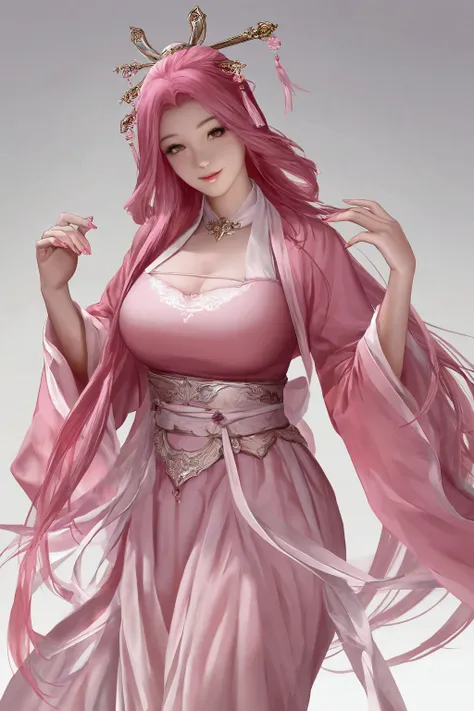 pink hair ,pink hanfu, large breasts, very long hair, smile, masterpiece, best quality, realistic, 8k, official art, cinematic light, ultra high res, perfect female body, sharp focus, guofeng, 1girl, solo, chinese clothes, realistic, nail polish, simple_ba...