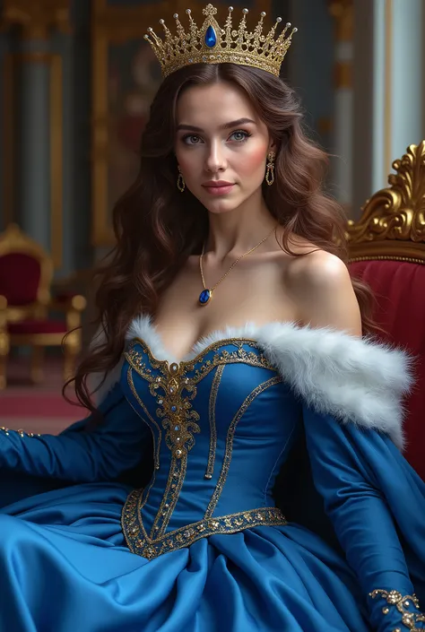 queen blue dress big breast brown hair crown sitting 