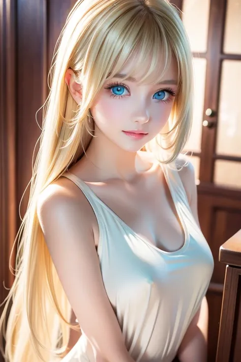 Very white ultimate beautiful girl、Innocent first々Beautiful appearance、Beautiful super long straight silky hair with a dazzling golden shine、Bright expression、Blonde girl posing in a white top、long golden bangs between the eyes of the eyes,,,、Glossy fair s...