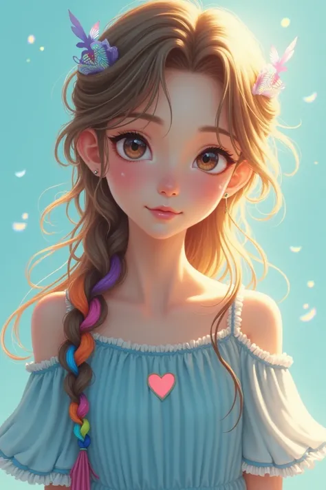 Pretty Girl, Light Brown Hair, Side Rainbow Braided hair, The sun falls on the top of the left side of the hair, light blue dress, There is a heart-shaped cut in the middle of the dress, blue background 