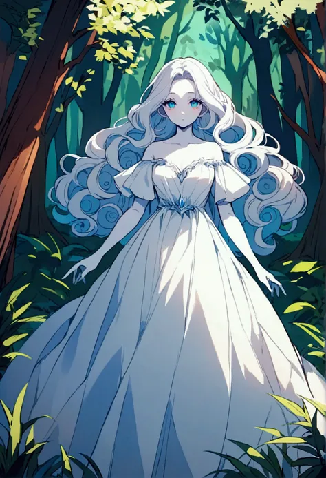 A lady with a white long curly hair, with white skin and crystal clear eyes, in white long dress, wandering in the forest 