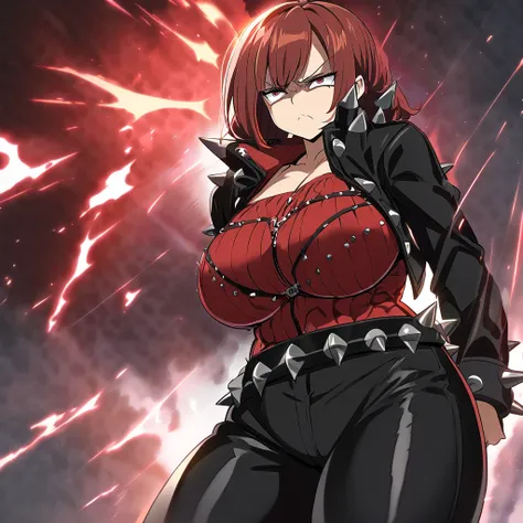 Anime, 1 girl, curvy body, big Breasts, narrows eyes dangerously, auburn hair, black spiked jacket, Red top bra, spiked belt, black pants, flare aura around her, upset