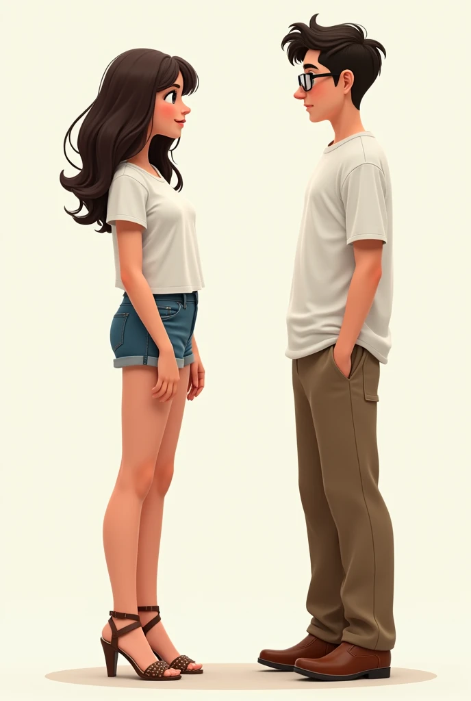 A tall girl in jeans shorts, a short white T-shirt, in high-heeled sandals and a modest shy boy in a white shirt, glasses, brown trousers, brown shoes