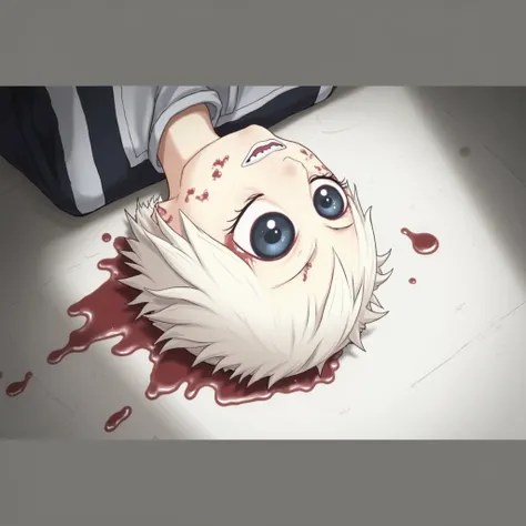  anime-looking character ,  with dark blue and empty eyes that have visible tears .  He is covered with blood on his head and face , , suggesting that he has suffered some kind of damage or attack . seems to be on the floor , still,  in a gray and desolate...