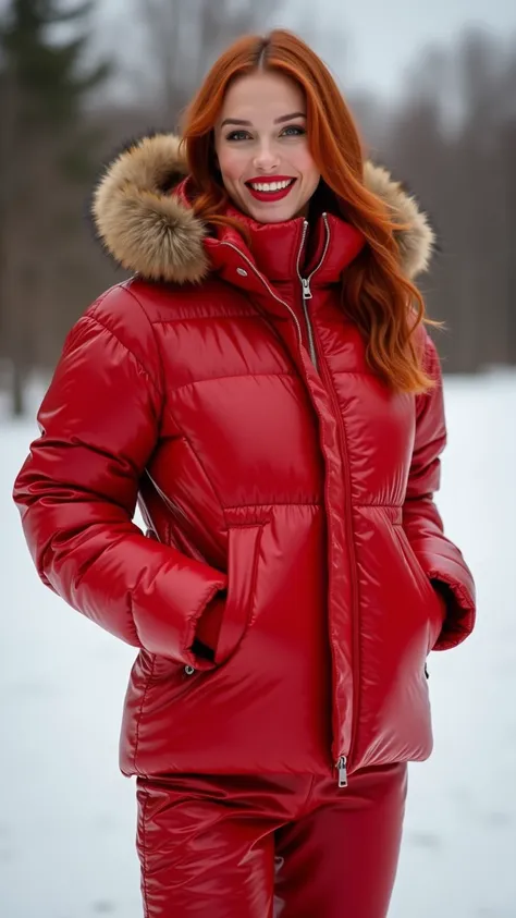 hyperrealistic beautiful busty 18 yo German woman, shiny red vinyl overfilled puffer snowsuit, realistic hazel eyes, Fashion-style image, premium quality clothes, happy smile and eyes wide open, decent makeup with red lipgloss, realistic long red hair, pos...