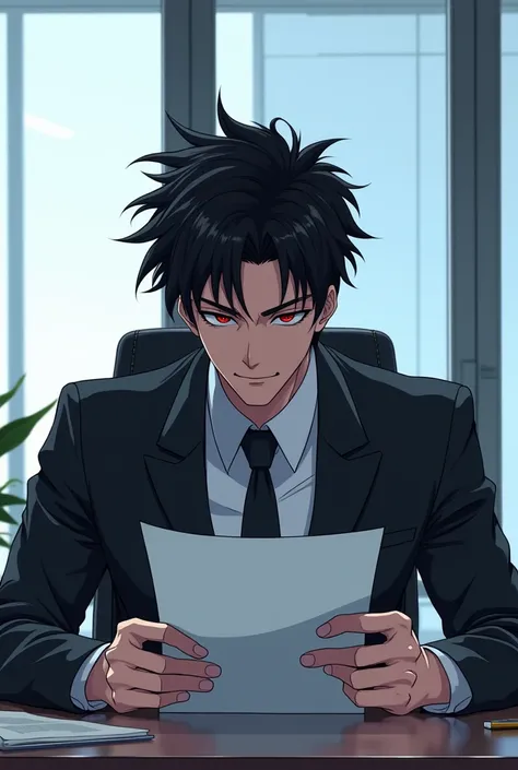  Create a man in the shape of a manwha whose hair is black and his eyes dark red, And that he is at a desk reviewing some papers  