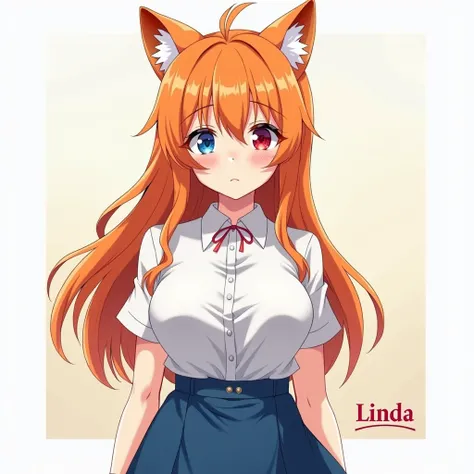 A girl,  long hair ,  orange hair, blue eye and red eye ,  anime style,  white shirt and blue skirt,  looking at the viewer , linda,  Cat Ears,  big breasts , 