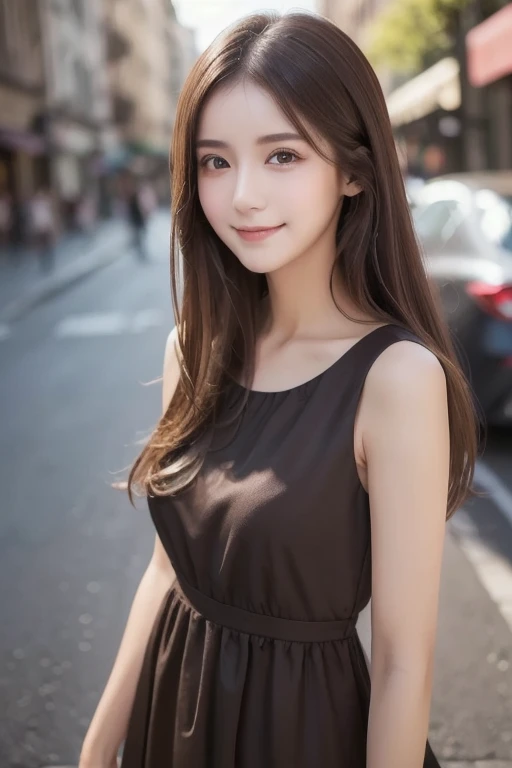 (( top quality, 8k,   Masterpiece   :1.3)),  1 girl , smile, whole body, Slim face,  Pretty Woman, (  Lots of Dark Brown Hair ),  long dress  :1.1,  super detailed face,  detail eyes,  double eyelids,   blur the background , Slim face, city, outside, stree...