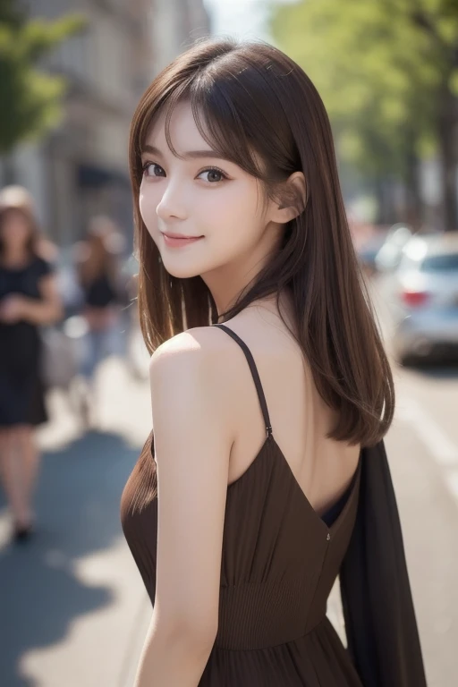 (( top quality, 8k,   Masterpiece   :1.3)),  1 girl , smile, whole body, Slim face,  Pretty Woman, (  Lots of Dark Brown Hair ),  long dress  :1.1,  super detailed face,  detail eyes,  double eyelids,   blur the background , Slim face, city, outside, stree...