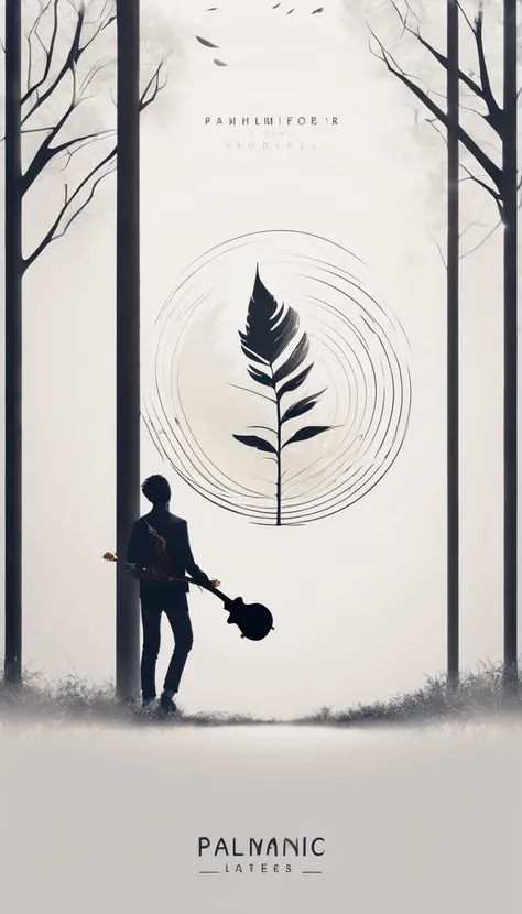 A minimal, modern, simple, cinematic logo design for the brand “Penamemoria". Create a modern, minimalistic, high-quality, logo of a white cinematic, fantasy feather, with a mysterious boy playing acoustic guitar against a tree of memories
