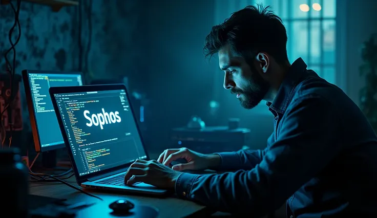 Man doing cyber security in laptop, on hacker vibe type room. In computer screen there is written "Sophos"