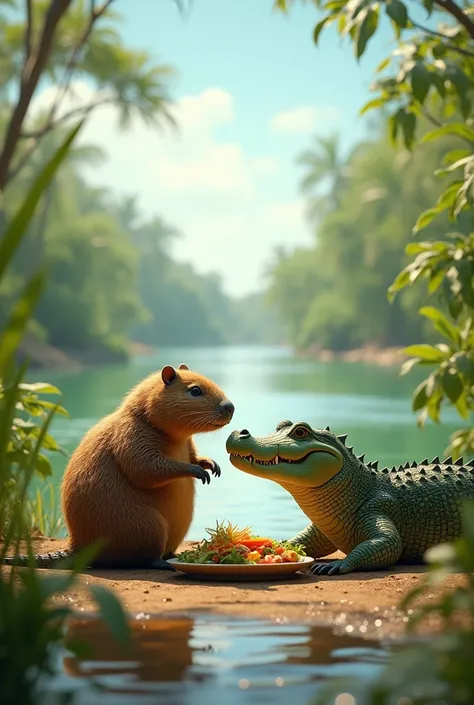 Capybara and crocodile meat along the river 
Those who became friends