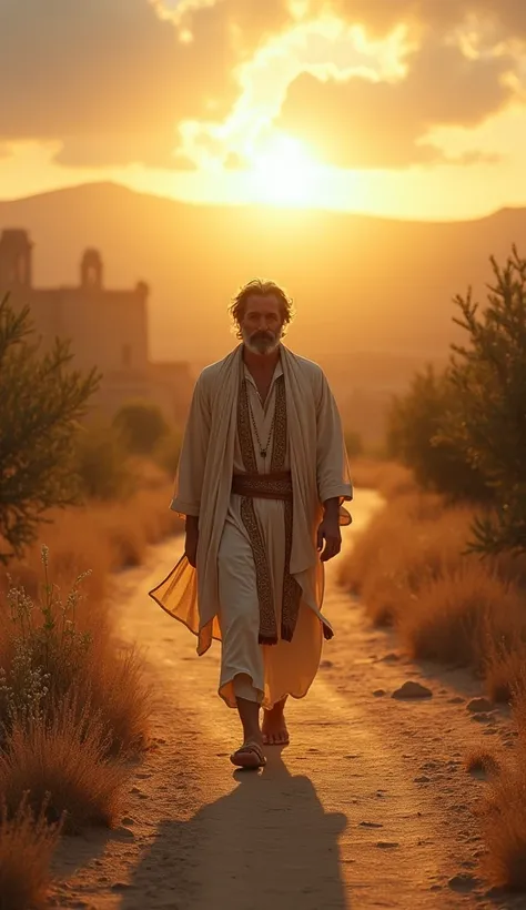 Hyper realistic image of a man following a path of light and blessings,  in the setting of ancient biblical Israel  