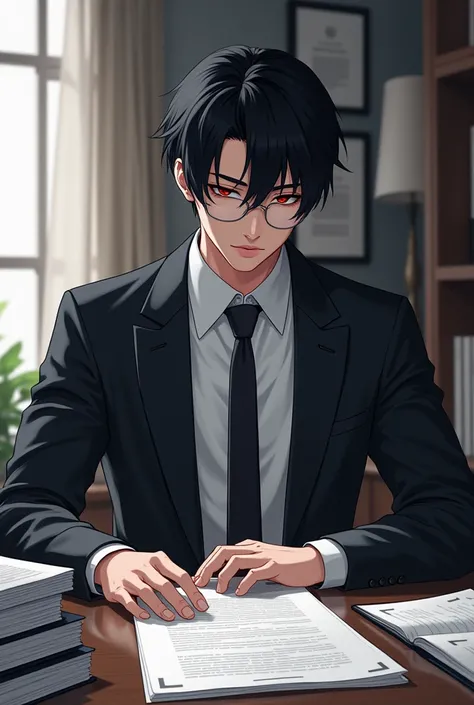  Create a young man in the shape of a manwha whose hair is black and his eyes dark red, And that he is at a desk reviewing some papers , to look muscular in his businessman suit .