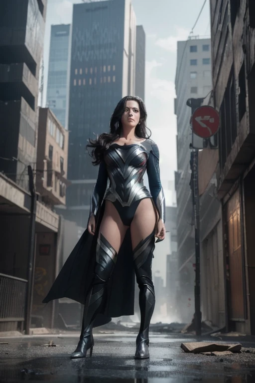  m1lly4c0k2222s action shot  ((Wear a black and silver costume which is the villain version of 、man of steel（ Superman） that is sexier and more revealing)),  Big Breasts ,  tight body , (The explosion in the background、Abandoned city), Style - BladeRunner2...