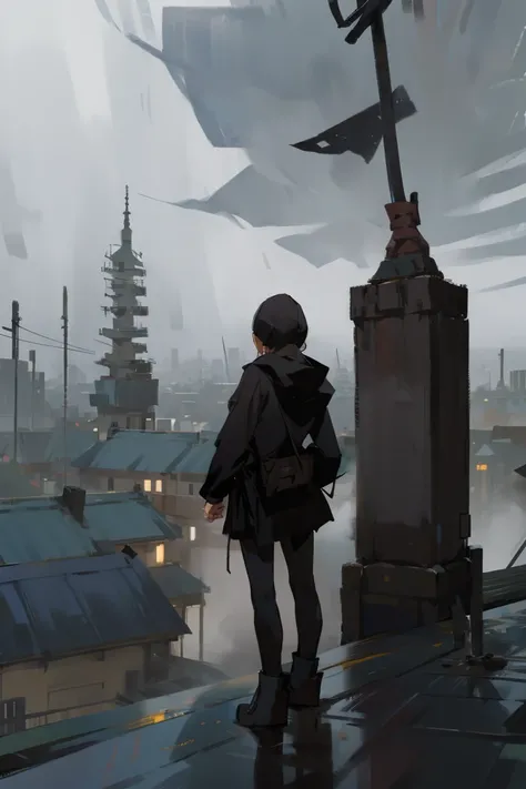  Anime Art Style ,  wearing a black hood ,  standing on a roof , turning its back on viewers,  its raining ,cloudy,Dark Clouds, Cane,Rough,fog,fogのかかった村,Loneliness