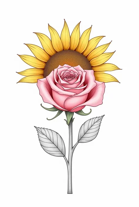  could you please create a coloring image of a pink half Freedom ( that red rose used in rose bouquets ) And the other half sunflower ? You could leave it colorless? only lines?