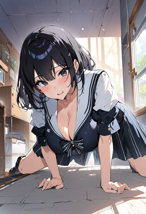 NFSW.Long black hair with black eyes。 A beautiful girl with big breasts is prostrate in a school classroom。Pichi Pichi Sailor Suit and Miniskirt 。 the inside of the skirt is visible 。