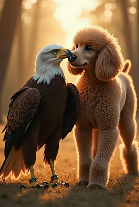 " A poodle with a dense and soft coat ,  with a light brown color and a challenging expression ,  is facing an imposing eagle in a tense confrontation . The eagle, with golden and black feathers ,  piercing eyes and sharp claws ,  also has an aggressive ex...