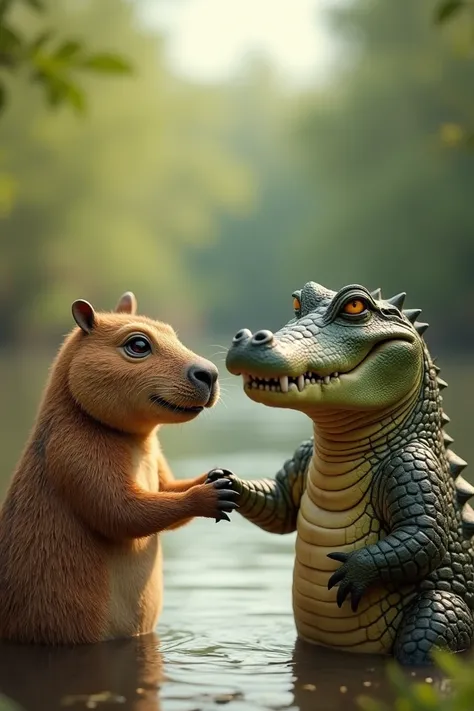 Capybara and crocodile become a new friend they handshake 