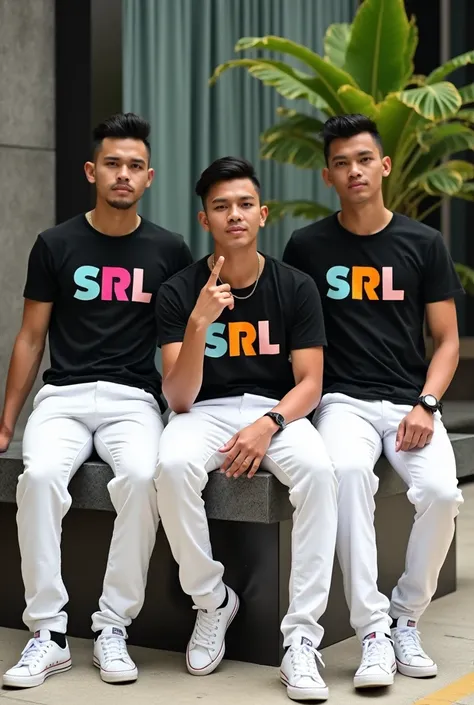  Full from a distance 3 indonesian men 27 years old short haired neat sweet macho.  wears black t-shirt with name  "srl" with color font , wearing white cargo pants and wearing full allstar shoes is sitting on a bench while stylishly holding fingers in the...