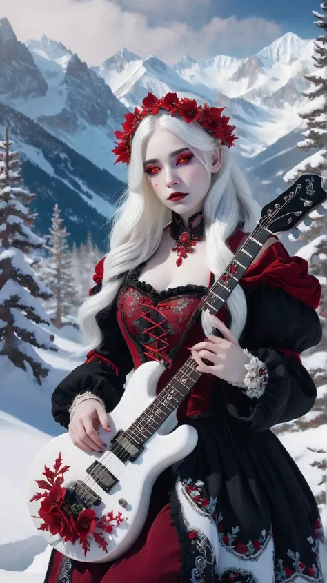 A hauntingly beautiful gothic girl with alabaster white hair adorned with a wreath of vibrant red flowers sits amidst the winter mountains, dressed in a Santa Claus costume and cradling an electric guitar. Her pale skin contrasts starkly against the snowy ...