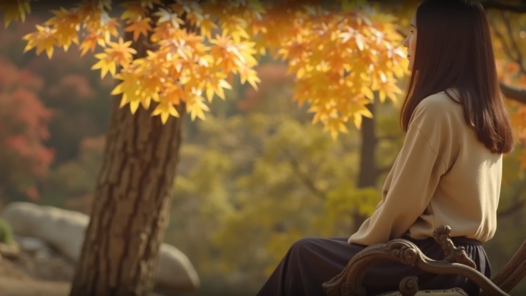 A beautiful Korean woman in her 50s looking at a beautiful autumn landscape.  Short Mid-length Hair .
