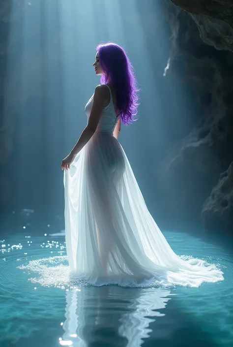 (similar, NSFW).  WhiteWetwear Russian girl with purple hair in a transparent white dress standing on a body of&#39;water, Stunning Russian girl ,  very beautiful elf top model , Blue-oil tunic,  arms up,  beautiful wise woman , close-up fantasia com magia...