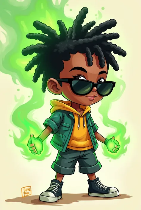 Cartoon boy darkskin with green flames coming out dreads with shades with Draco 