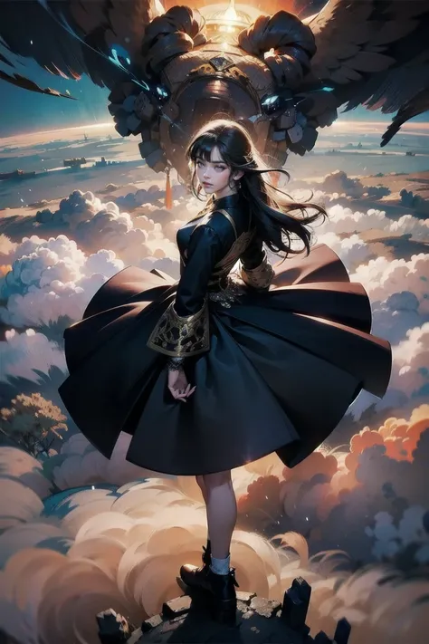 Detailed full body portrait of a lonely time traveler woman,null,Above the Clouds, cinematic lights, dramatic ,Moody, vibe,beautiful,Intricate details,masterpiece,birds-eye view, wide shot