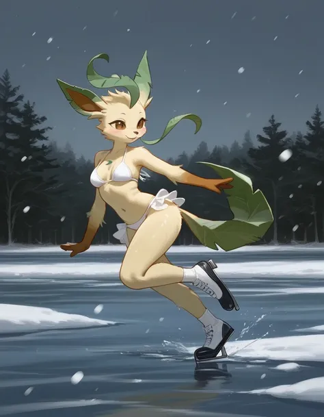 alone, score_9,score_8_up,score_7_up, anthro female leafeon, white bikini, snowing, ice lake, ice skating, full body.