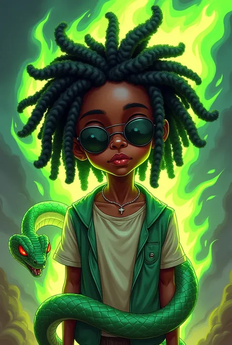 Cartoon boy darkskin with green flames coming out dreads with shades with snake