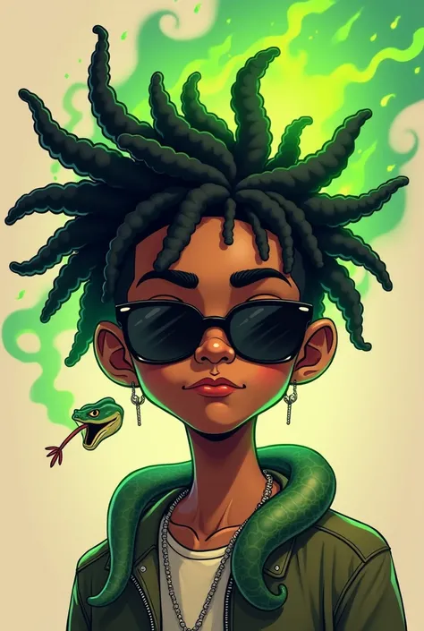 Cartoon boy darkskin with green flames coming out dreads with shades with snake smoking weed