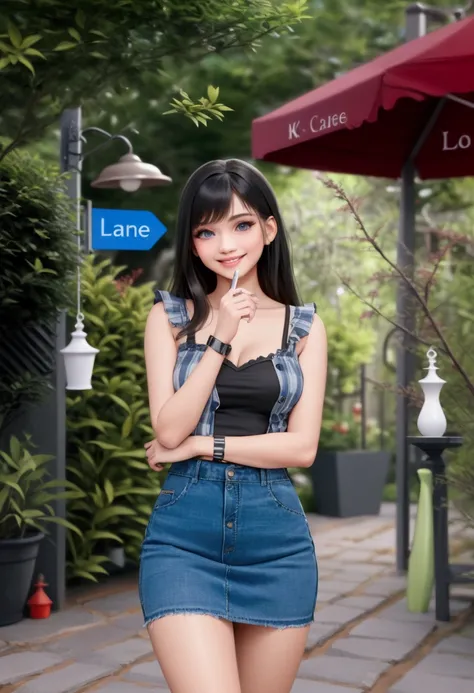 pretty woman, smiling, standing posed at cafe s garden, holding a cup of drink, (+black long hair), wears beige long sleeves cardigan, blue and white checkered collared undershirt, [black camisole], denim pencil mini skirt, platform sandals, BREAK, (1girl,...