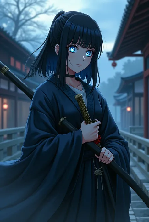 Makomo from kny demon version :quiet girl, black,  straight shoulder length hair with blue eyes with a torn white pupil,  an art demonic blood of water and a Japanese katana ,  she is  .  Hasla Fisi7 as Makomo from Kimetsu no Yaiba