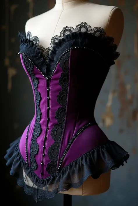 Purple and Black Drama
"A gothic-inspired corset using deep purple velvet and black lace. The purple panels are highlighted with black lace appliqués and small black bead embellishments. The design is completed with a dramatic lace-up back and sheer lace t...