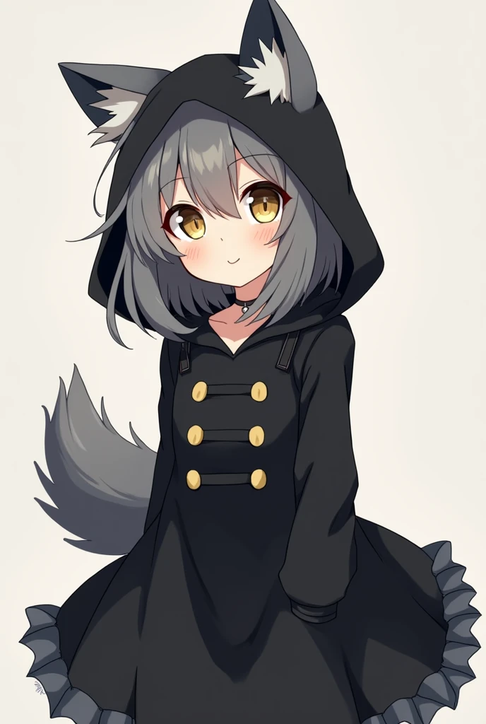  a girl who is an anthropophorphic crazy gray .  with shoulder-length hair .  yellow eyes.  dressed in a black dress that has a hood with wolf ears included. a fluffy tail. And make her look very cute and adorable