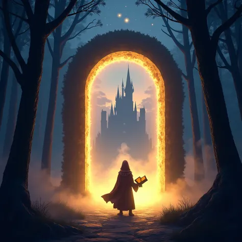 "A mystical portal glowing with golden light surrounded by a dark enchanted forest. In the foreground, a shadowed figure, wearing a magical cloak, stands holding an ancient glowing book. The backdrop shows a mysterious castle in the distance under a starry...