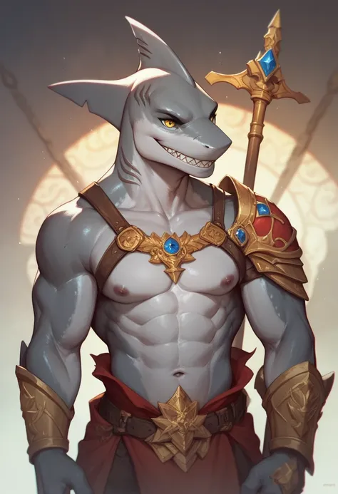 Ultra Detailed, Masterpiece, Best Quality, anthro shark, Epic, solo, Fantasy, Dungeons and Dragons, gray skin, yellow eyes