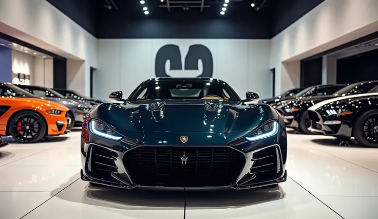 2026 shelby cobra 427 showcased in a modern dealership. The car features a glossy finish, bold front grille, and stylish alloy wheels. Bright lights reflect off its surface, enhancing its streamlined design. The background includes more vehicles and elemen...