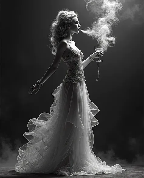 Create a whimsical and artistic scene featuring a single gorgeous female like figure made entirely of smoke. This fine female made of all smoke should appear to be dancing gracefully off  the lips of a women exhaling smoke. The background should be a dark ...