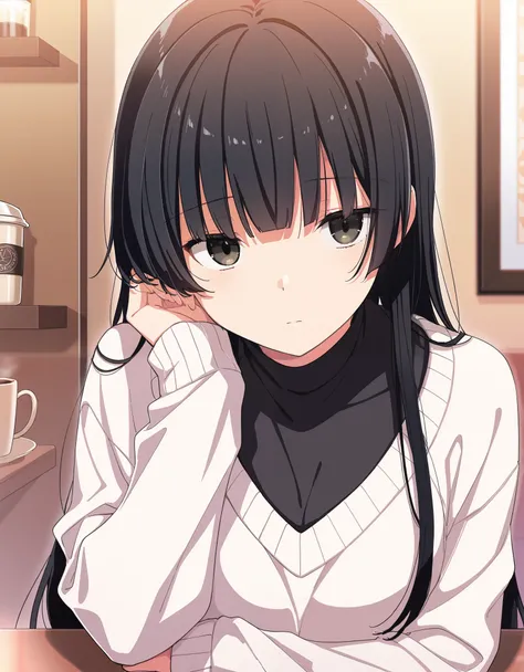 masterpiece, best quality, score_9, score_8_up, score_7_up, score_6_up, score_5_up, score_4_up, source_anime, 1girl, japanese, long hair, straight bangs, black hair, hazel eyes, wearing white sweater, long black shirt, cafe scenario 