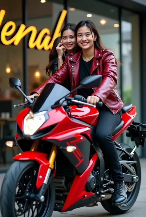 A  hyper-realistic photography clear image of a Thai couple young man and young woman with smilling face both of them. wearing a 4g red black leather jacket and black jeans, riding a red black ninja big bike susuki motorcycle. The name "jenab"4g Gold  lett...