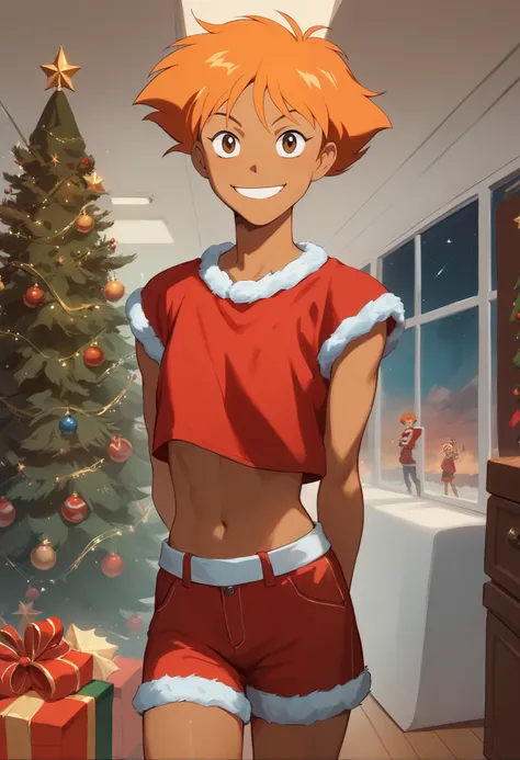 Edward, orange hair, lightly dark skin, wearing a red Santa dress, midriff, large brown eyes, cutesy face, warm smile, looking at viewer, space station background, Christmas tree, standing, hands behind back