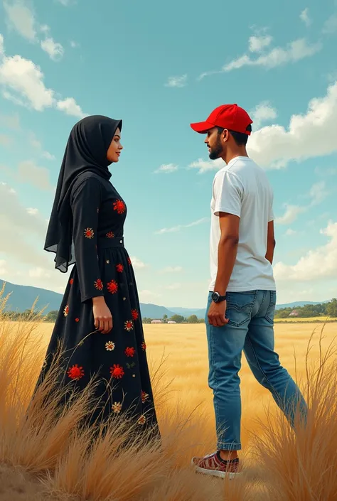 A book cover front image of a two split panel. 1. a malay women wearing hijab and long sleeve flowery black dress from the side view. 2. A malay man wearing white t-shirt, red cap and blue jeans from the side view. Summer landscape backgroud. Windy day. Vi...