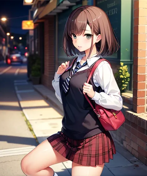  1 girl , Adult female,Hatsukoi 1 /1, Maya Tokizaki ,Brown Hair, medium hair,Straight Hair,split bangs ,Green Eyes,clavicle,chest,(White long sleeve shirt,Black vest, red border tie ,Red checked skirt, black socks , black sneakers ,navy blue Boston schoolb...