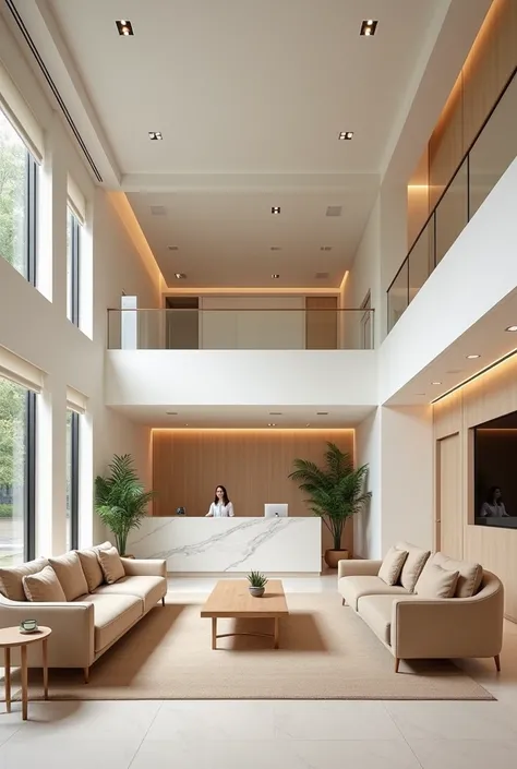  reception of a dental office in shades of ice white and sand with two large sofas, two floors, a table in the middle ,  a television and a desk for the receptionist  