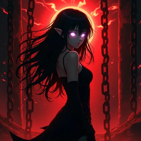 anime WOMAN actress figure Standing in front, red and black color lighting,glowing eyes, Undoing background,thunders, WHITE flame eyes, grainy art, creativity, originality, inspiration,Ghost Black,white eyes, chains background, eyes of flamesglowing white ...